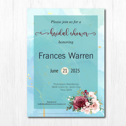 Set of 25 5X7 Premium Cardstock,  bridal shower Party invitation, Bridal shower, bridal shower invitation, bridal shower invitation printed, bridal shower invitation floral