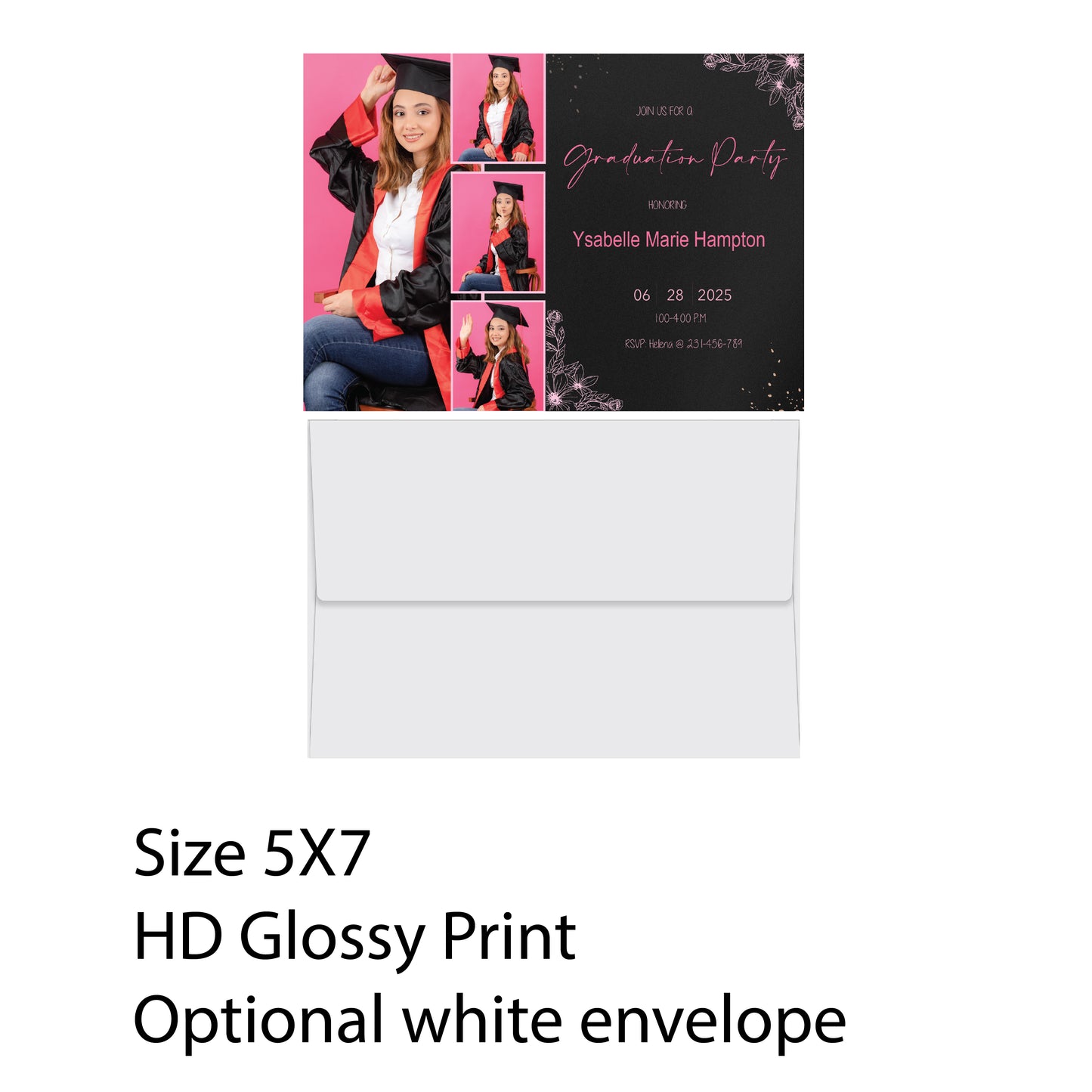 Set of 25 Glossy 5X7 inches Flat Card Invitation Custom Graduation Invitation Custom Open House Invitation