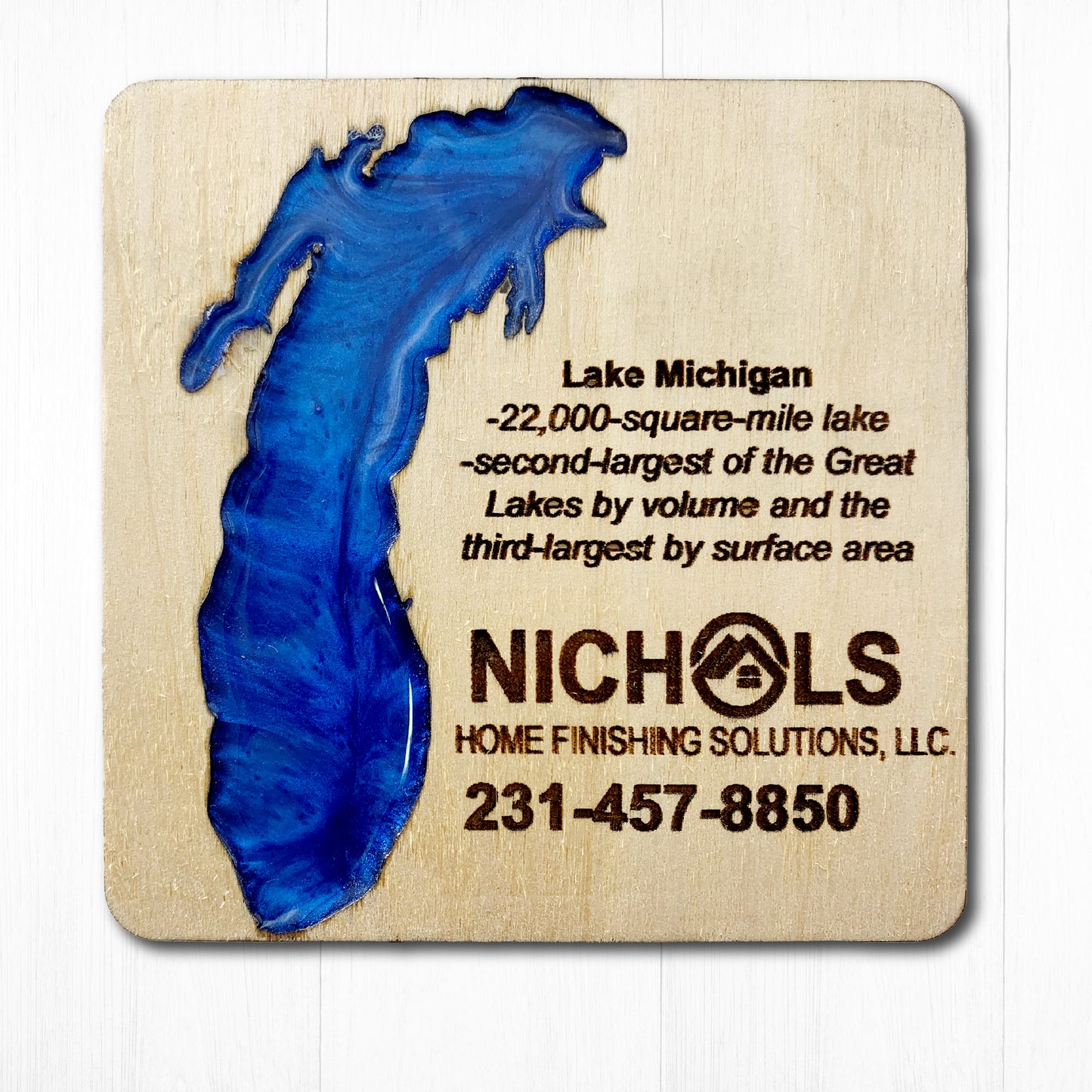Lake Michigan Set of 4 Custom Wood Coasters with box, Engraved wood coasters, wood coasters for business, wood coasters engraved with Wood Box
