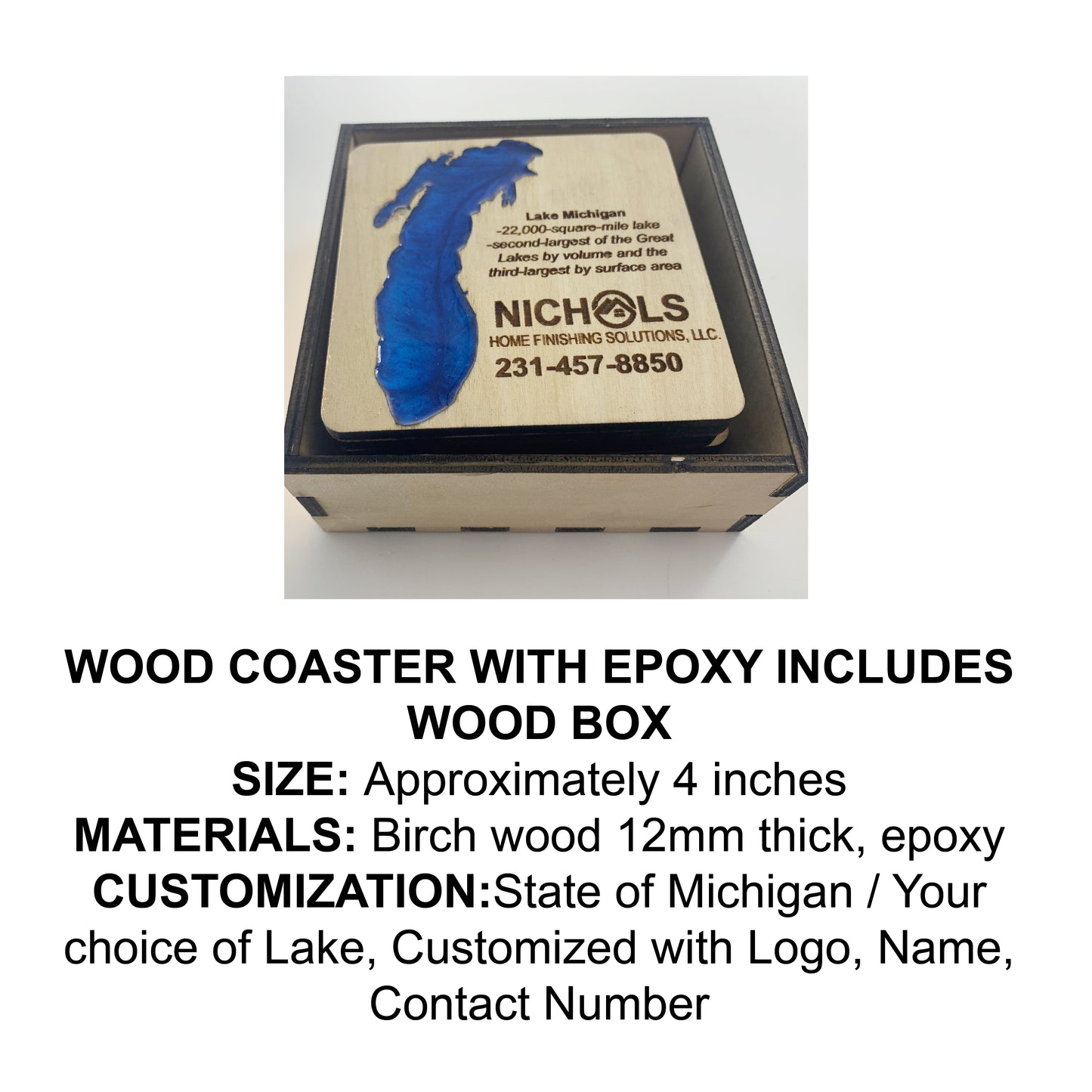 Lake Michigan Set of 4 Custom Wood Coasters with box, Engraved wood coasters, wood coasters for business, wood coasters engraved with Wood Box