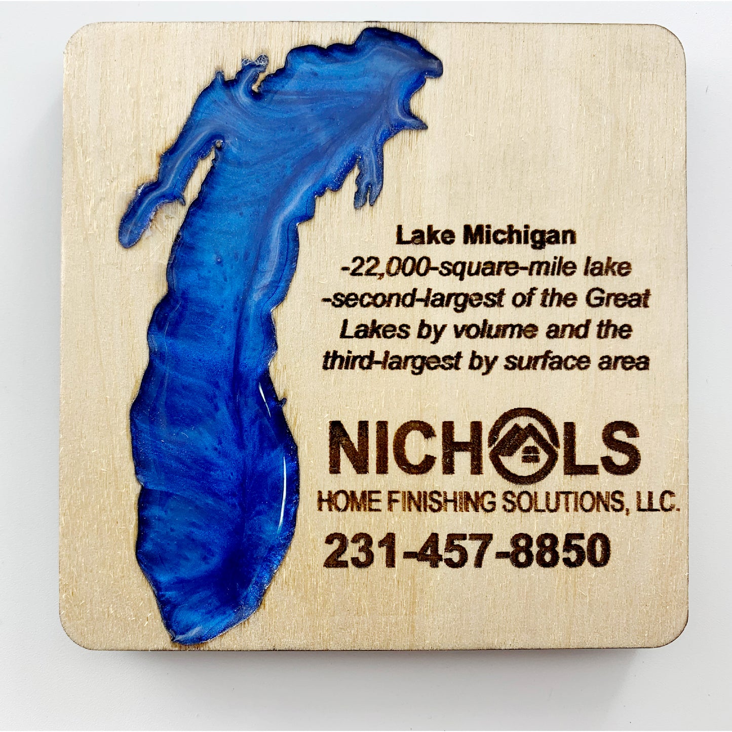 Lake Michigan Set of 4 Custom Wood Coasters with box, Engraved wood coasters, wood coasters for business, wood coasters engraved with Wood Box