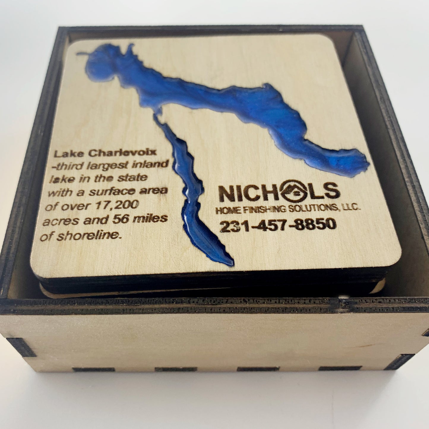 Lake Charlevoix Set of 4 Custom Wood Coasters with box, Engraved wood coasters, wood coasters for business, wood coasters engraved