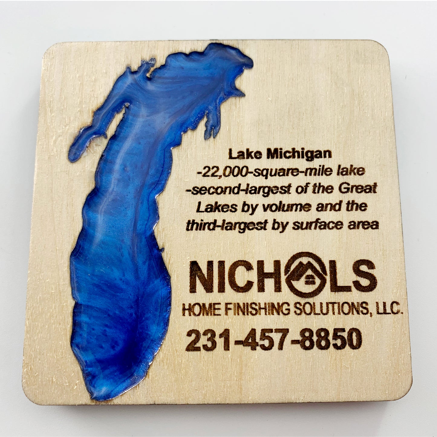 Lake Michigan Set of 4 Custom Wood Coasters with box, Engraved wood coasters, wood coasters for business, wood coasters engraved with Wood Box