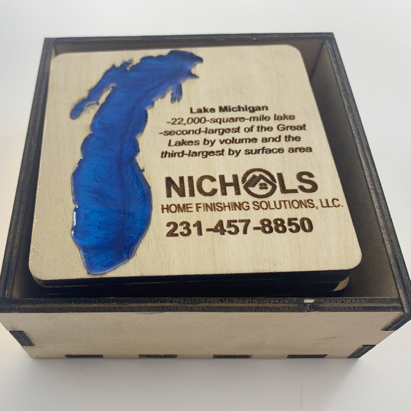Lake Michigan Set of 4 Custom Wood Coasters with box, Engraved wood coasters, wood coasters for business, wood coasters engraved with Wood Box