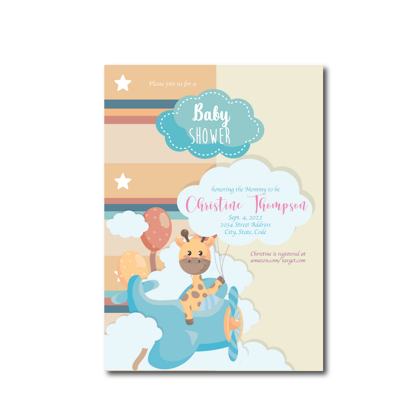 Set of 25 Glossy 5X7 inches Flat Card Invitation 5X7 Baby Shower Invitation Cute Giraffe Flying Blue Car Theme Easy to Personalize Baby Shower Girl Boy Invitation