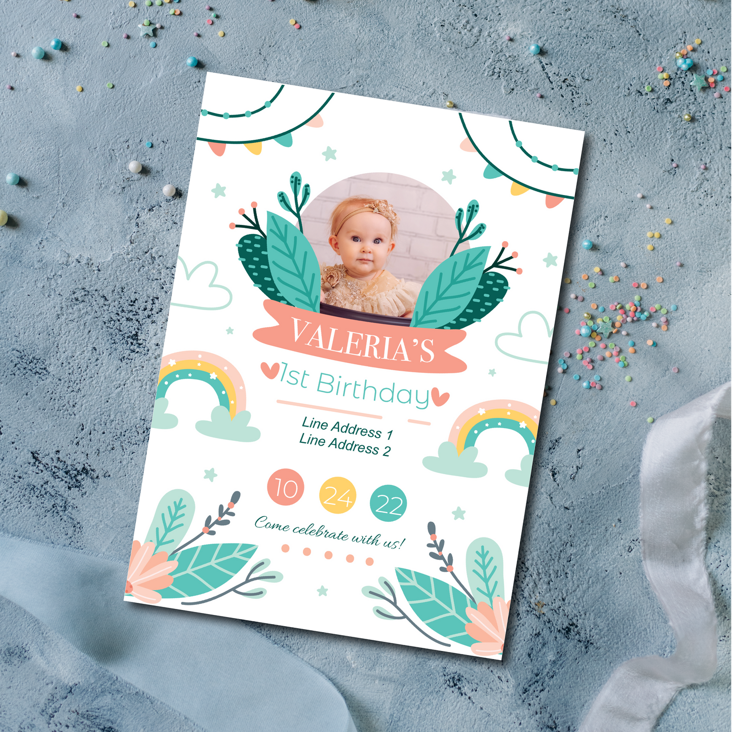 1st Birthday Invitation Girl Birthday Invitation 5X7 Glossy High Definition Personalized Kid's Invitation 1st birthday