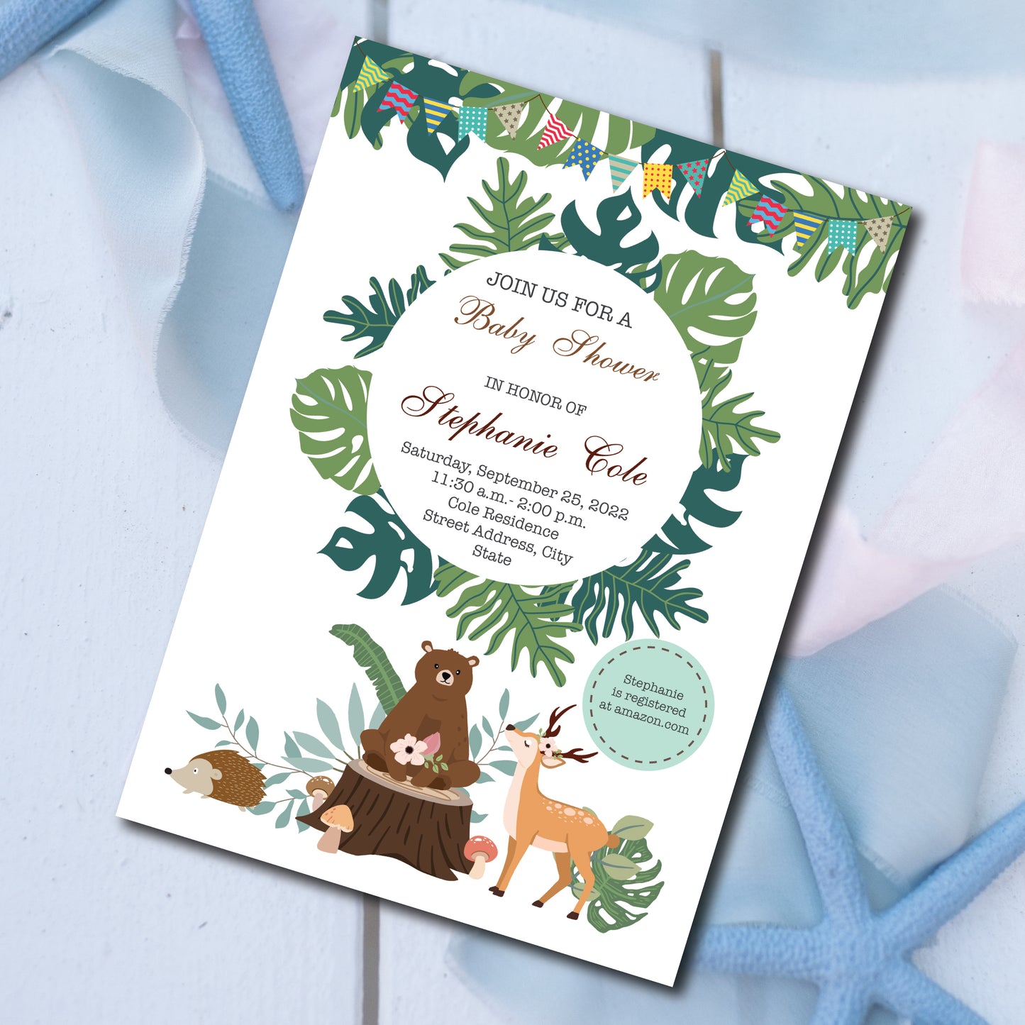 Set of 25 Glossy 5X7 inches Flat Card Invitation Custom Baby Shower Invitation, animal theme, Baby Shower Invitations, Easy to Personalize Baby Shower Invitations