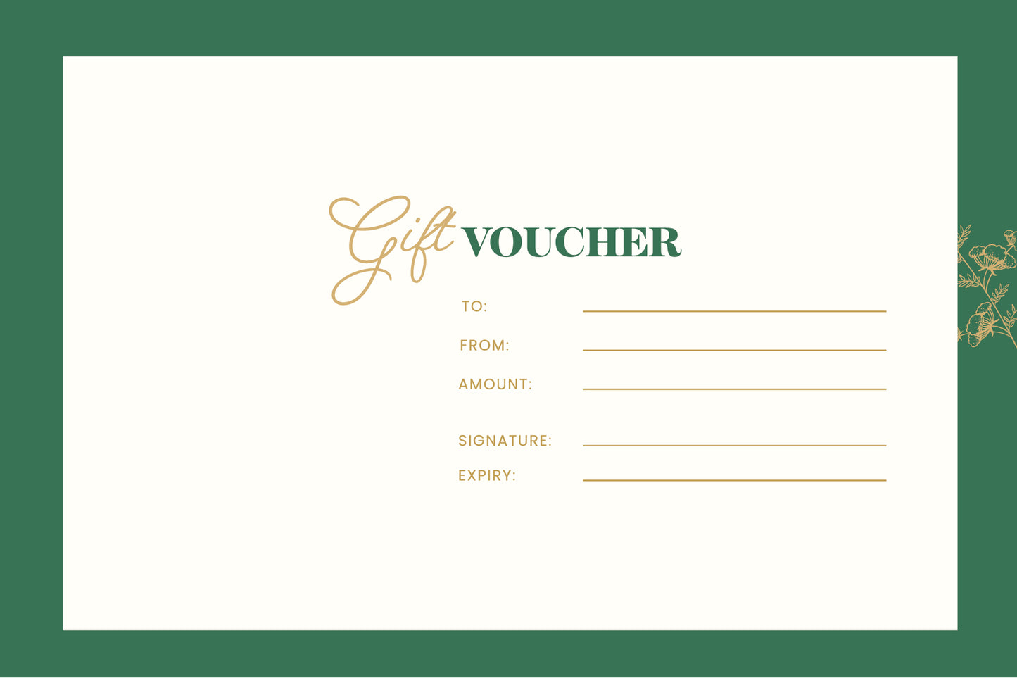 Green and Gold Floral Gift Voucher, Gift Certificate, Gift Voucher