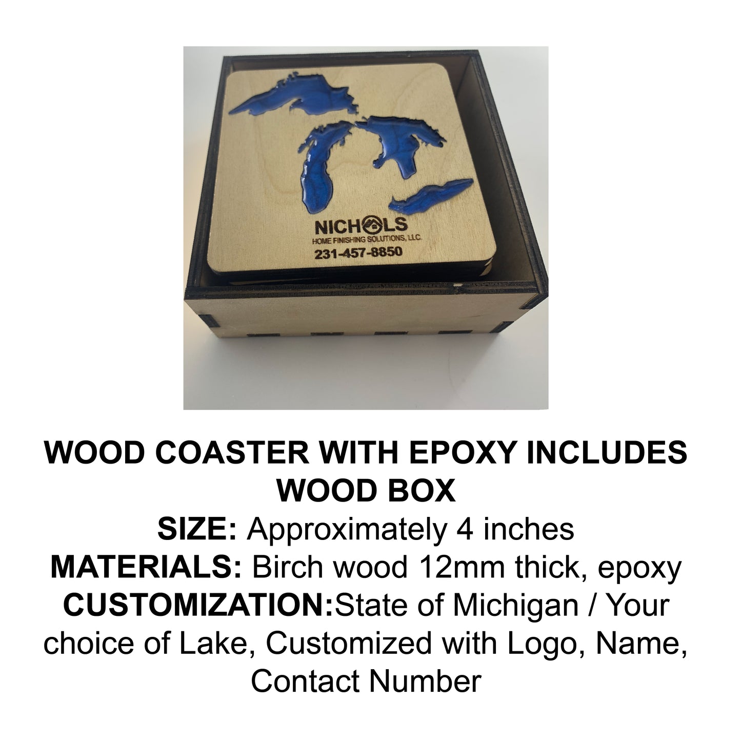 State of Michigan Set of 4 Custom Wood Coasters with box, Engraved wood coasters, wood coasters for business, wood coasters engraved with Wood Box
