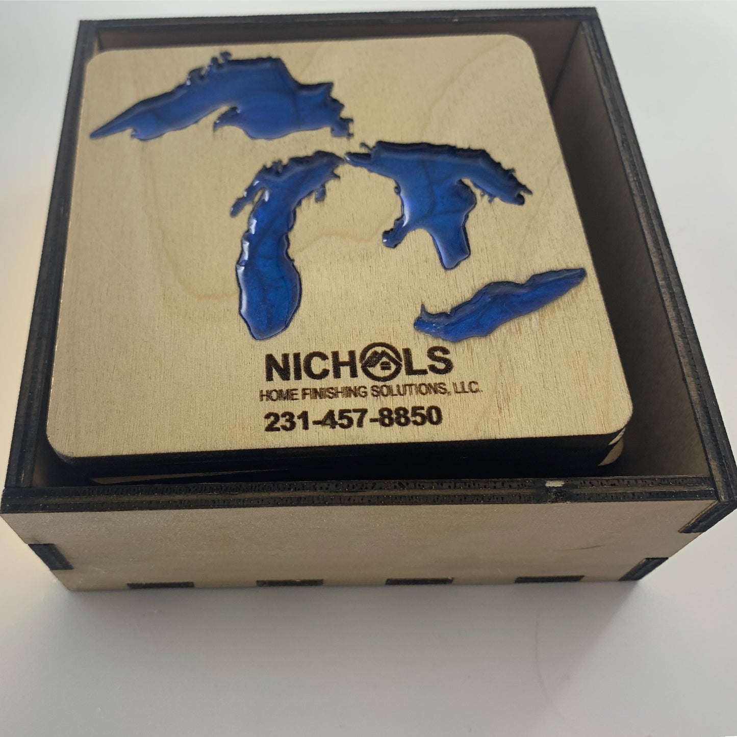 State of Michigan Set of 4 Custom Wood Coasters with box, Engraved wood coasters, wood coasters for business, wood coasters engraved with Wood Box