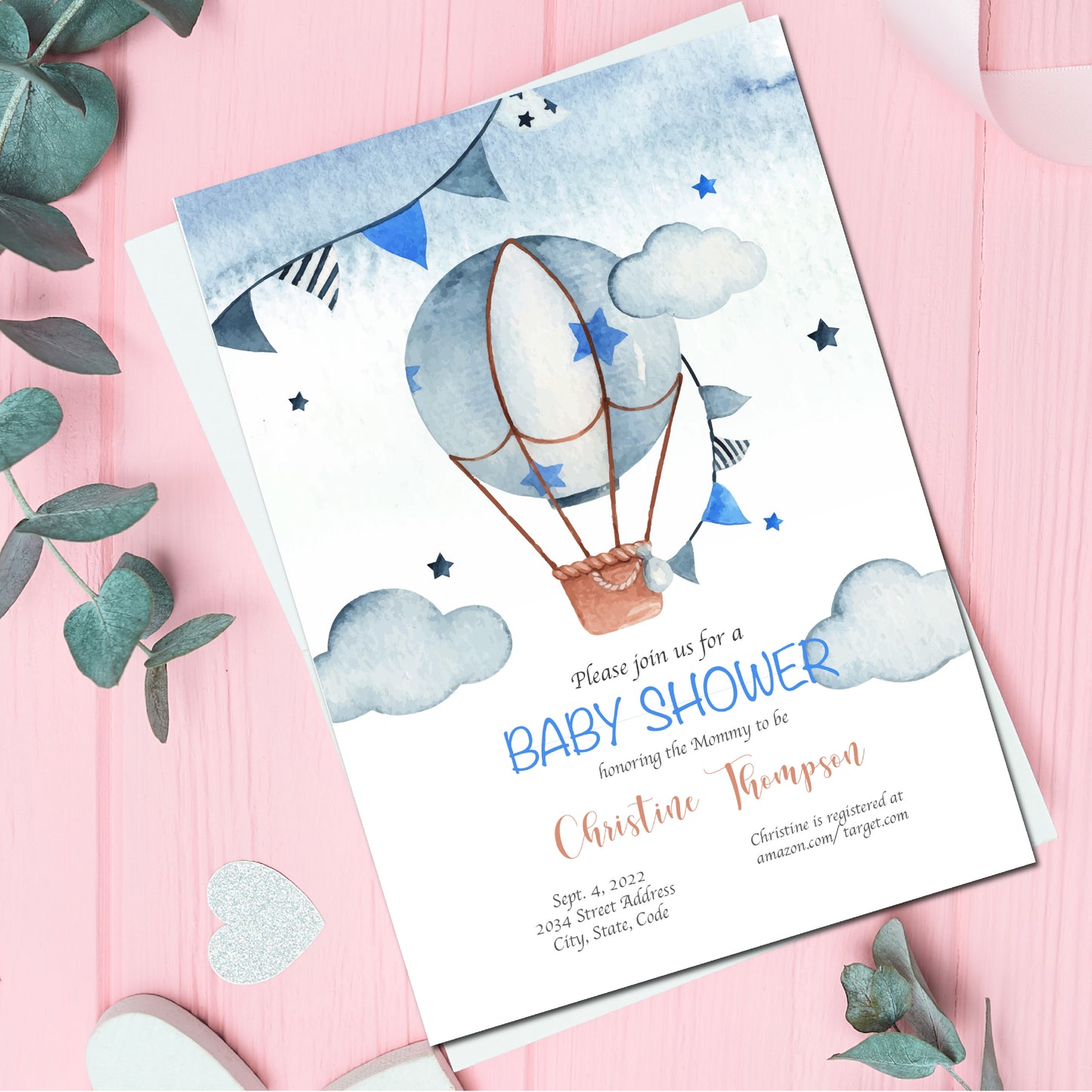 Set of 25 Glossy 5X7 inches Flat Card Invitation 5X7 Baby Shower Invitation Blue Hot Air Balloon Theme Easy to Personalize Baby Shower Girl Boy Invitation