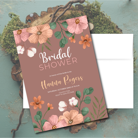 Set of 25 Glossy 5X7 inches Flat Card Invitation Bridal shower, bridal shower invitation, bridal shower invites, bridal shower invitation printed, bridal shower invitation floral
