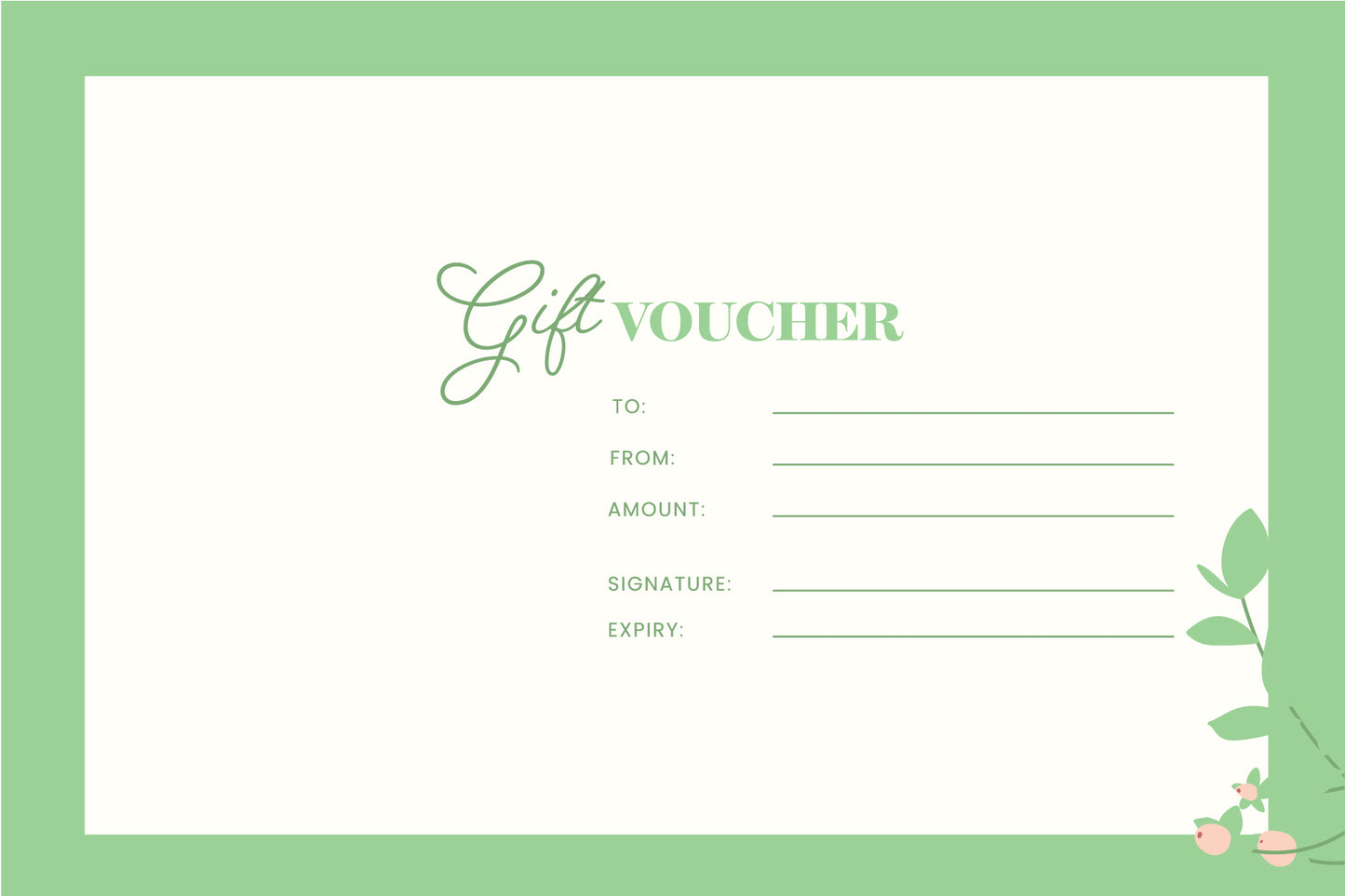 White Green leaves Gift Voucher, Gift Certificate, Gift Voucher