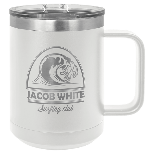 White Polar Camel 15 oz. Coffee Mug with Slider Lid, Laser Engraved