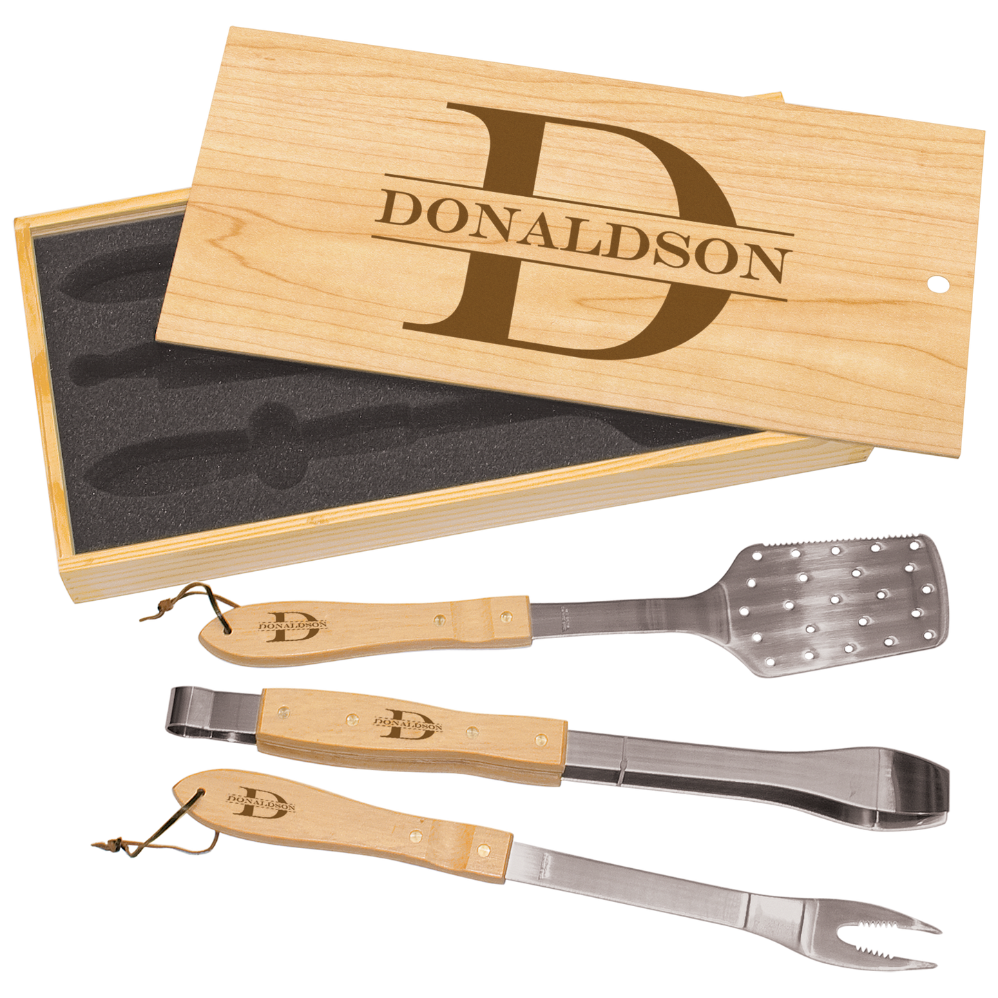 Three piece BBQ set in Pine Box, kitchen utensils