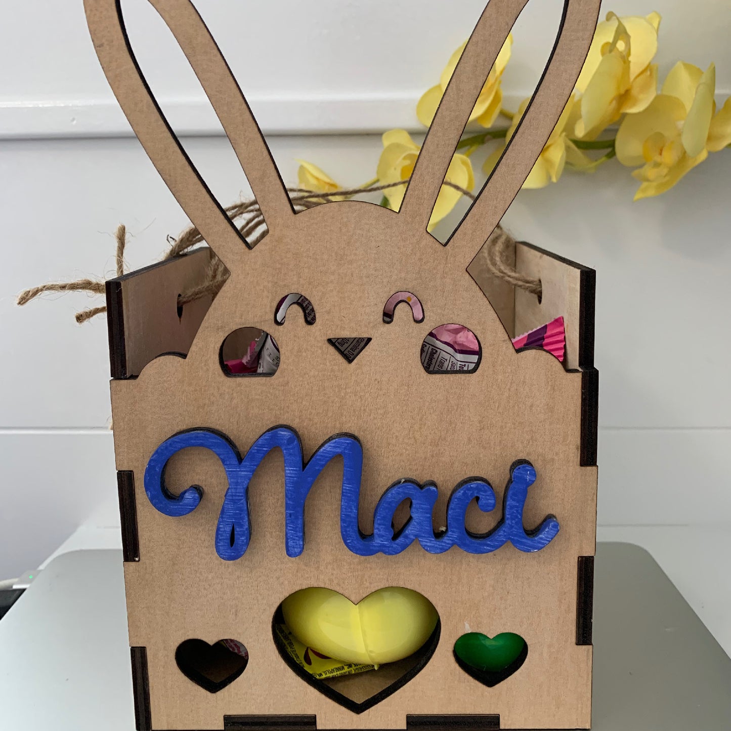 Easter Bunny box with hearts and custom name, custom box, easter candy box, easter box, custom easter box
