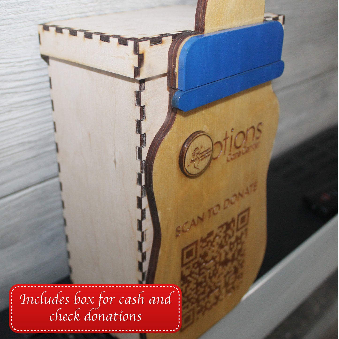 Custom Wood Boxes, wood boxes, Custom wood box, wood box, Custom Donation Boxes Engraved with Q-R Codes Business Logo Cut to Shape Raised Letters