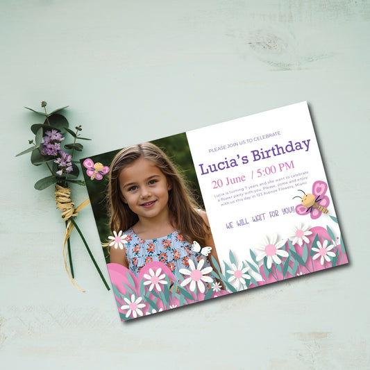 25-500 Glossy 5X7 inches Flat Card Invitation Custom Invitation Custom Birthday Invitation Flowers and Butterflies