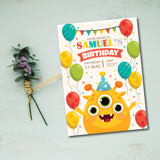 Set of 25, 5X7 inches Flat Card Invitation Custom Invitation Custom Birthday Invitation Monsters Invitation