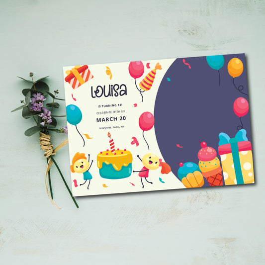 Set of 25, 5X7 inches Flat Card Invitation Custom Invitation Custom Birthday Invitation Balloons and Cake