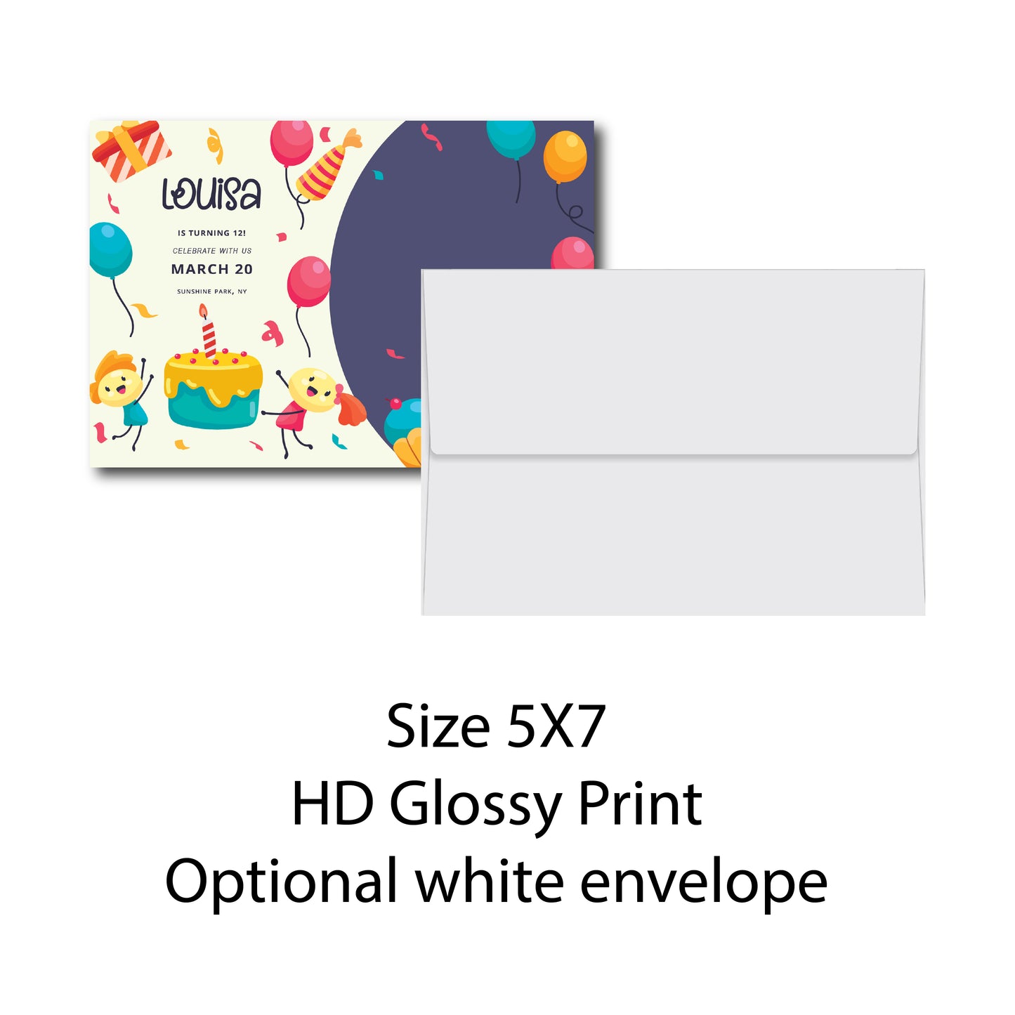 Set of 25, 5X7 inches Flat Card Invitation Custom Invitation Custom Birthday Invitation Balloons and Cake