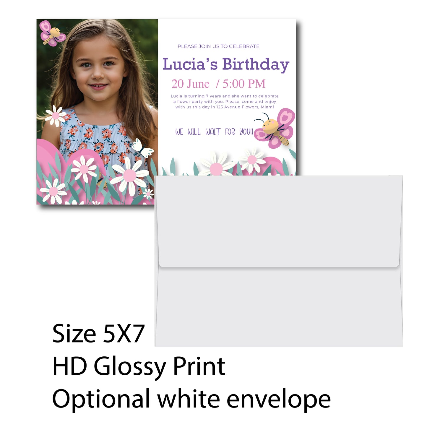 25-500 Glossy 5X7 inches Flat Card Invitation Custom Invitation Custom Birthday Invitation Flowers and Butterflies