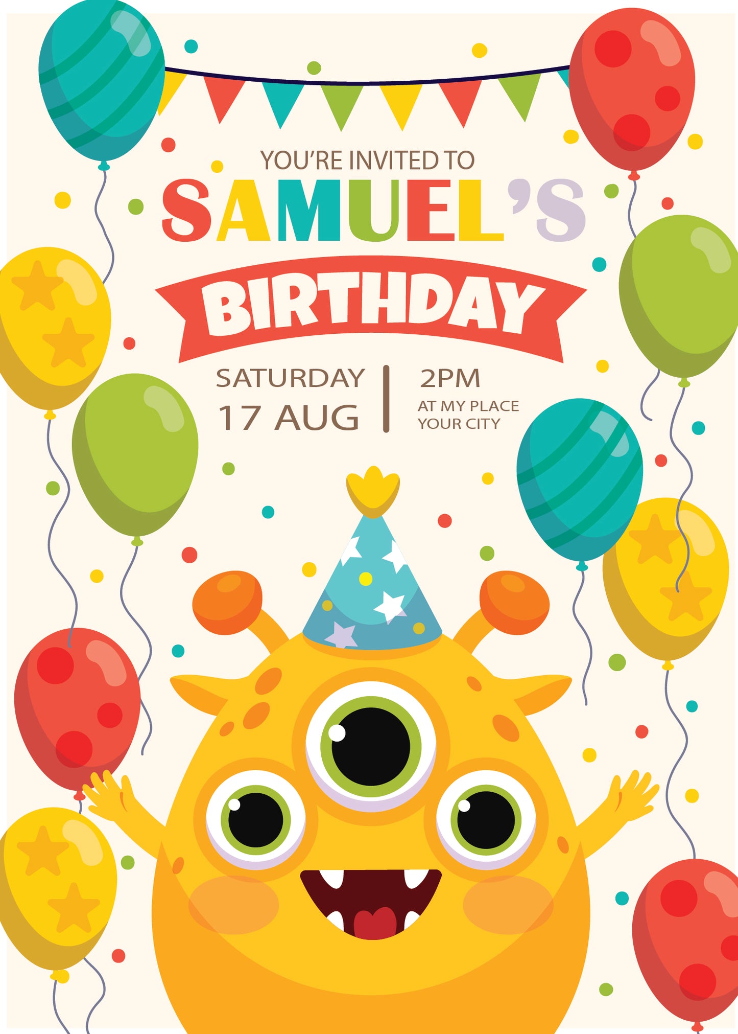 Set of 25, 5X7 inches Flat Card Invitation Custom Invitation Custom Birthday Invitation Monsters Invitation