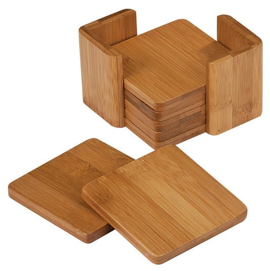 3 3/4" x 3 3/4" Bamboo Square 6-Coaster Set with Holder, Custom Engraved