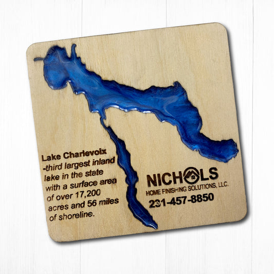 Lake Charlevoix Set of 4 Custom Wood Coasters with box, Engraved wood coasters, wood coasters for business, wood coasters engraved