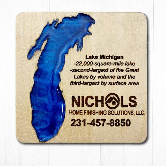 Lake Michigan Set of 4 Custom Wood Coasters with box, Engraved wood coasters, wood coasters for business, wood coasters engraved with Wood Box