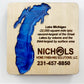Lake Michigan Set of 4 Custom Wood Coasters with box, Engraved wood coasters, wood coasters for business, wood coasters engraved with Wood Box