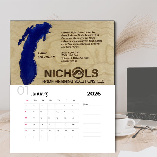 Custom Lake Michigan Calendar, lake map calendar, calendars, calendar, custom 2026 wall calendar, custom desk calendar, lake map art, lake map wood, 2024 calendar, lake map engraved
