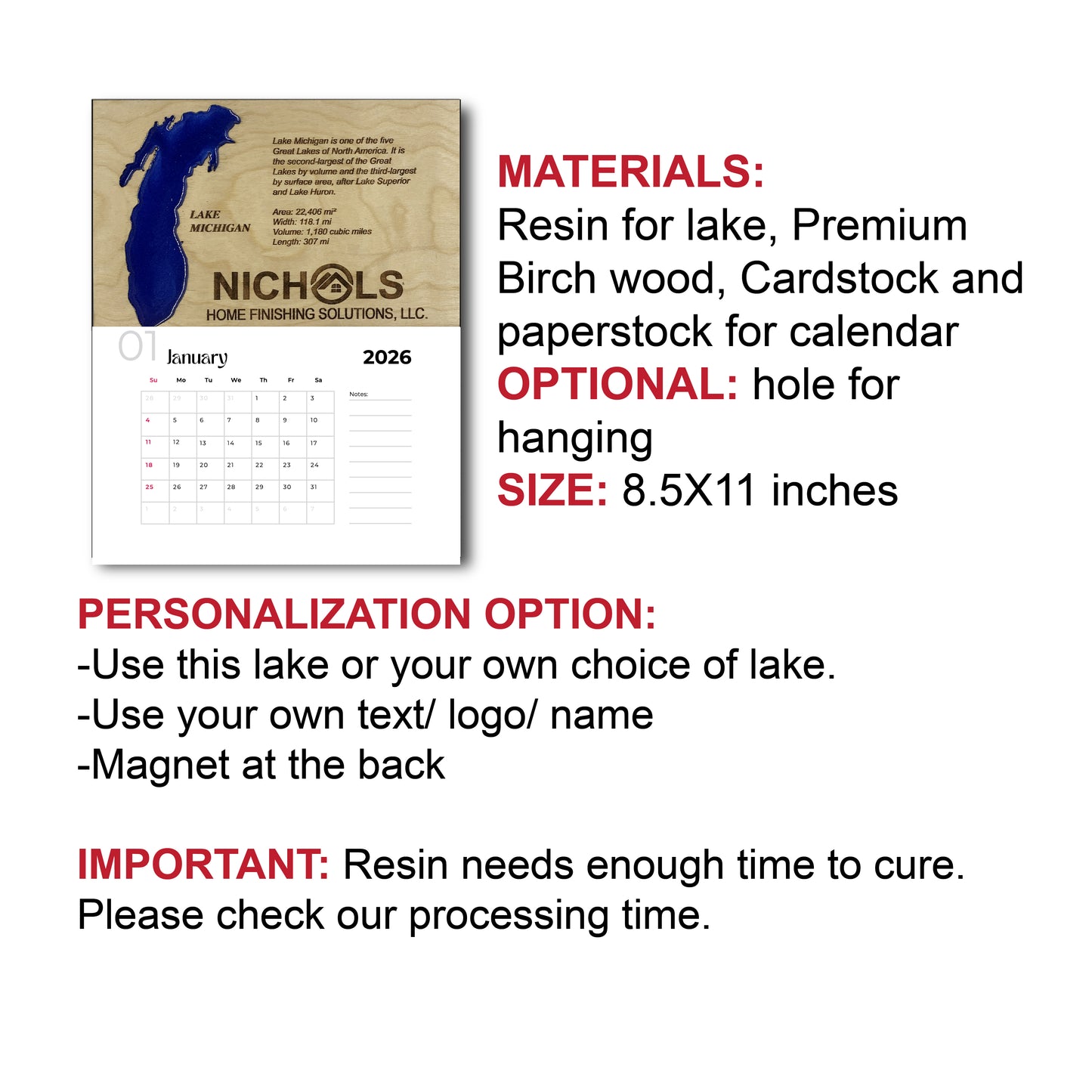 Custom Lake Michigan Calendar, lake map calendar, calendars, calendar, custom 2026 wall calendar, custom desk calendar, lake map art, lake map wood, 2024 calendar, lake map engraved