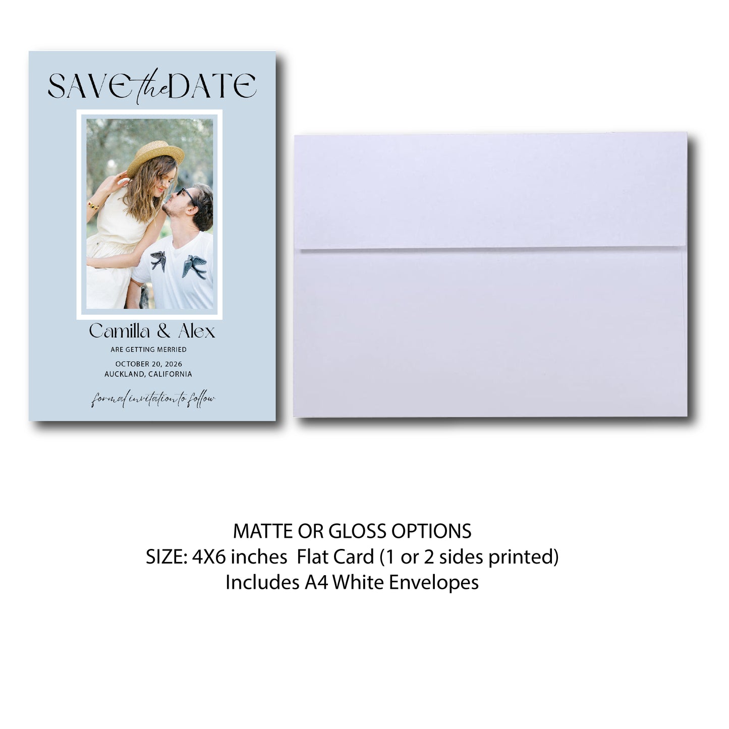 Save the Date Custom Invitation Personalized Save the Date Invitation 4X6 inches Flat Card with white envelopes