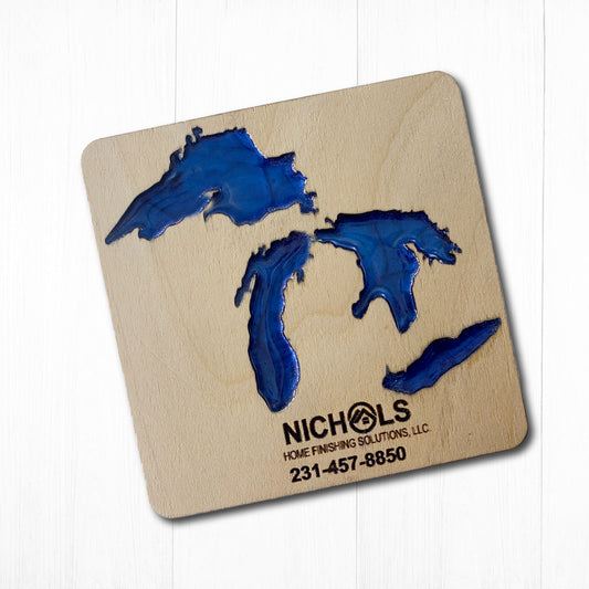 State of Michigan Set of 4 Custom Wood Coasters with box, Engraved wood coasters, wood coasters for business, wood coasters engraved with Wood Box