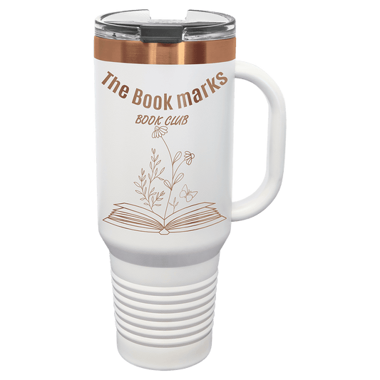 Polar Camel 40 oz. White/Rose Gold ION-Plated Travel Mug with Handle, Straw Included, Laser Engraved
