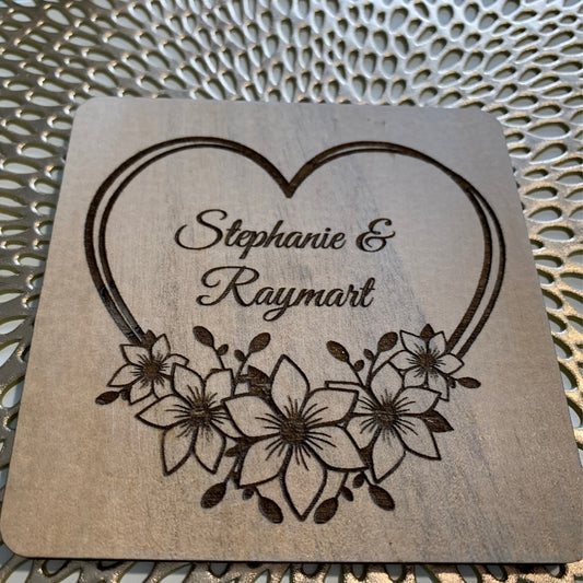 Heart with flowers wedding party favors, 8 pieces wood coasters party favors wedding, wedding party favors for guests, personalized wedding favors, custom wedding coasters