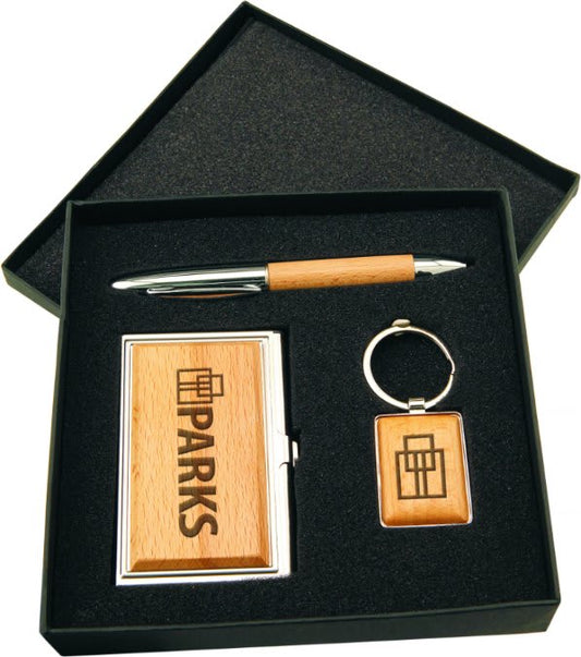 Metal/Wood Gift Set with Business Card Case, Pen, and Keychain, custom gift