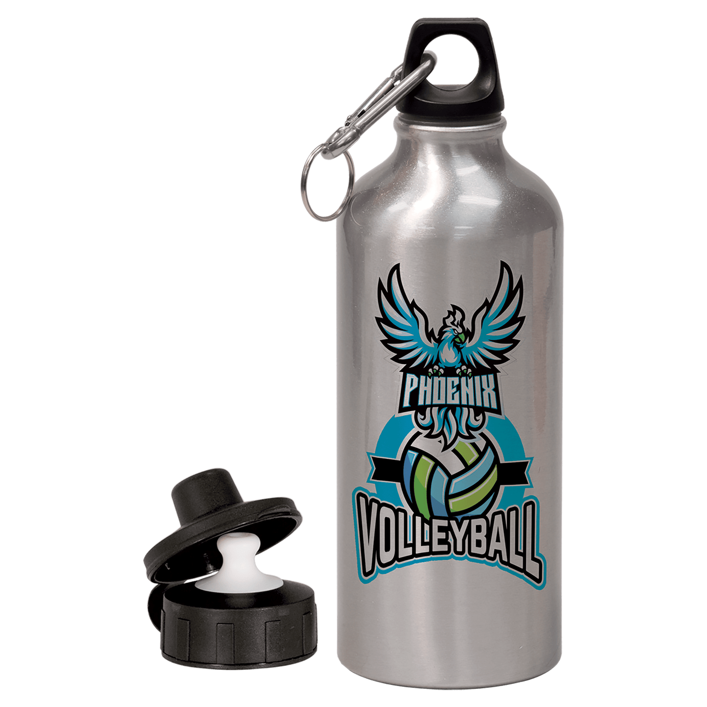 Silver Aluminum 20 oz. Water Bottle with 2 Lids and Carabiner, custom water bottle