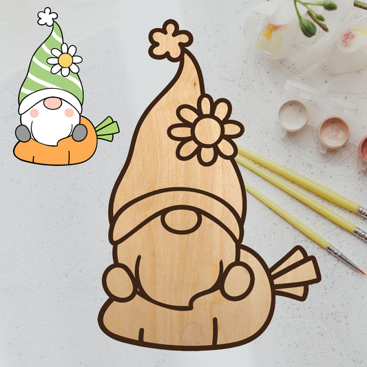 Spring Gnome sitting on a carrot blank wood, cut to shape wood, blank wood for art, wood blank, blank wood